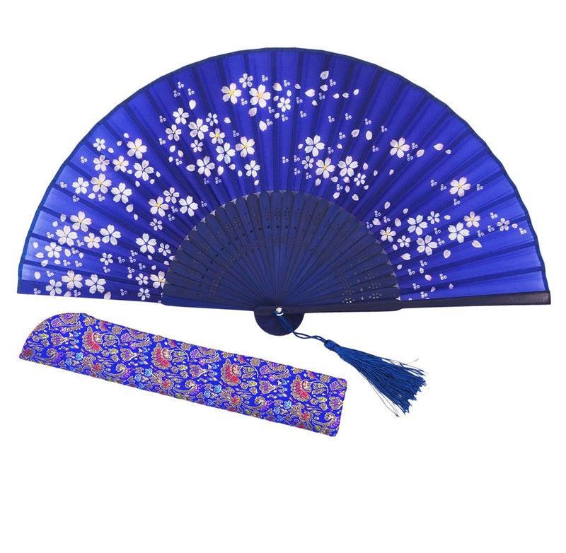 Amajiji 8.27"(21cm) Hand Held Bamboo Silk Folding Fan Hand Fan,Chinese/Japanese Charming Elegant Vintage Retro Style,Women Ladys Girls Best Gifts (Blue) - Image 1